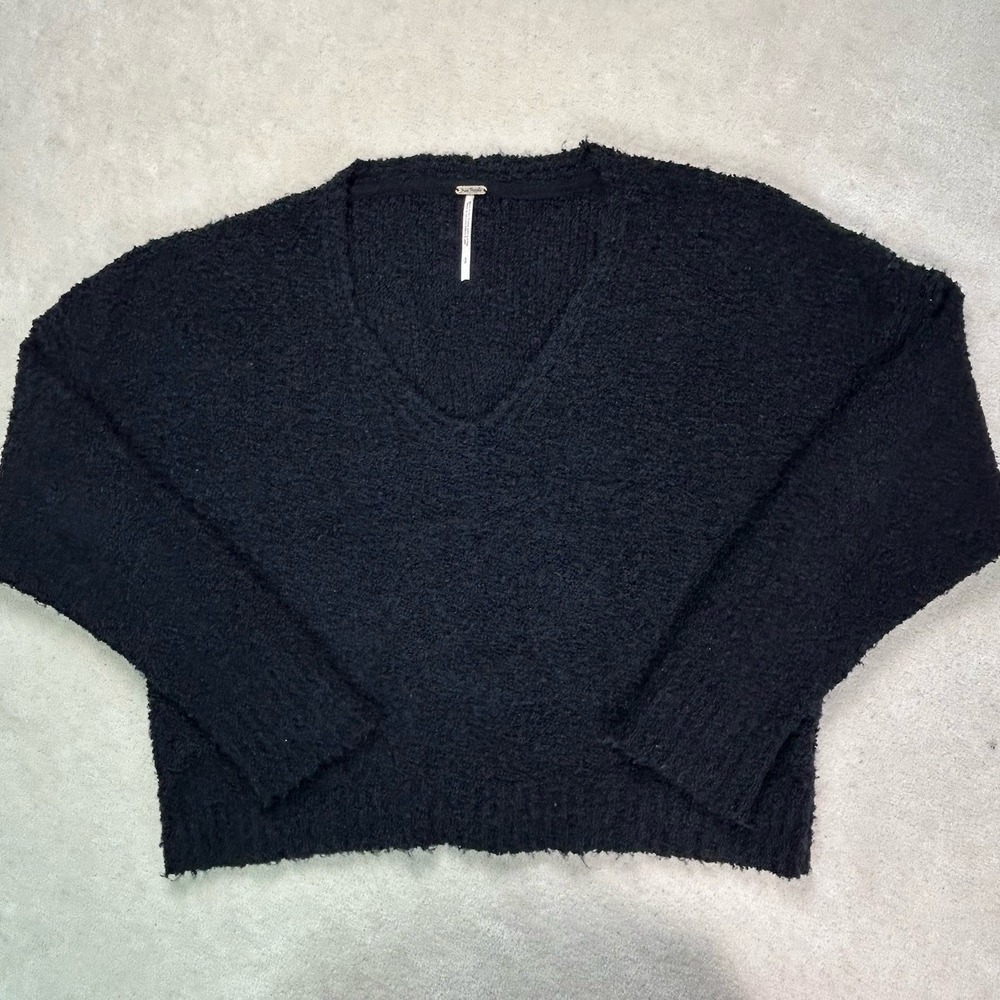 Women's Free People Black Finders Keepers V-Neck Sweater Oversized Boucle Small